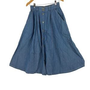 Vintage Denim Maxi Skirt Button Front Size 8 Bohemian Retro 90's Elastic Waist